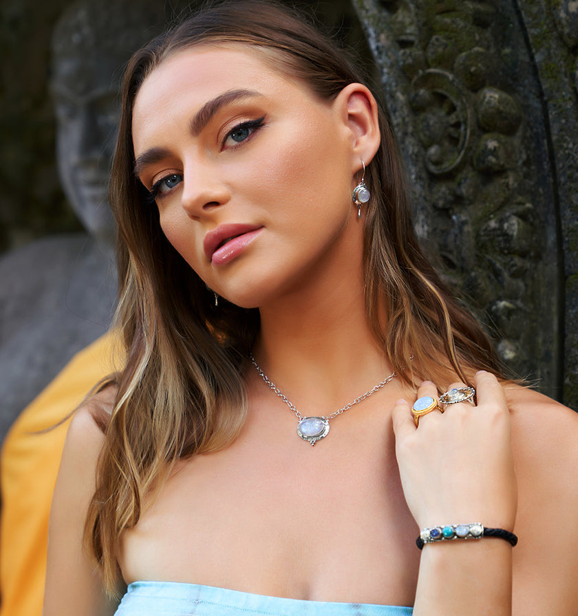 Sterling Silver & Gold Rainbow Moonstone Gemstone Jewelry