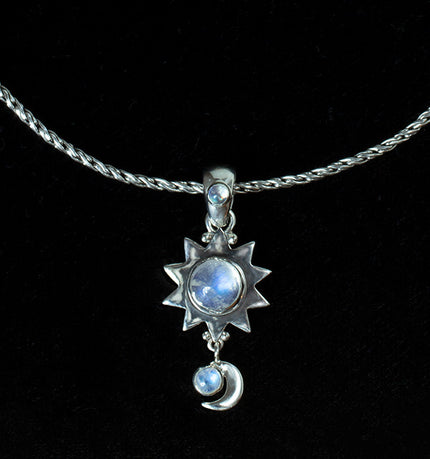 Sterling Silver Rainbow Moonstone Sun Moon Necklace