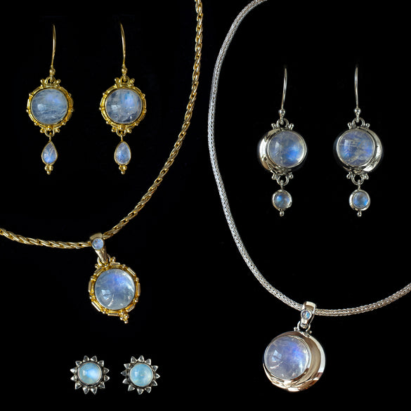 Sterling Silver & Gold Rainbow Moonstone Jewelry