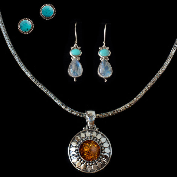 Sterling Silver Turquoise & Amber Jewelry