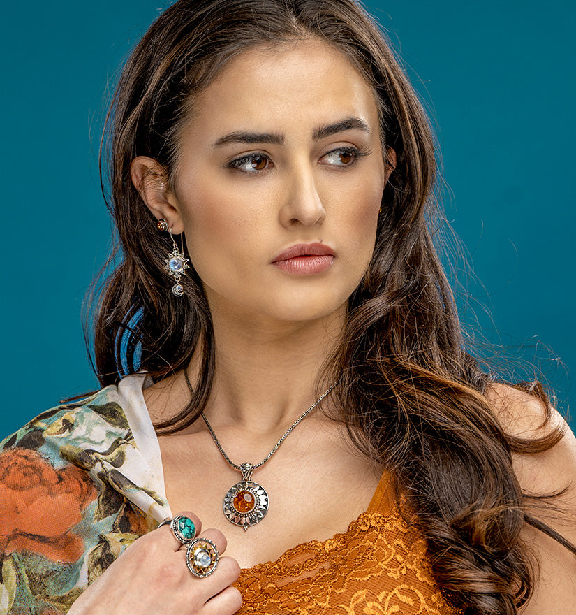 Sterling Silver Turquoise, Amber & Rainbow Moonstone Jewelry
