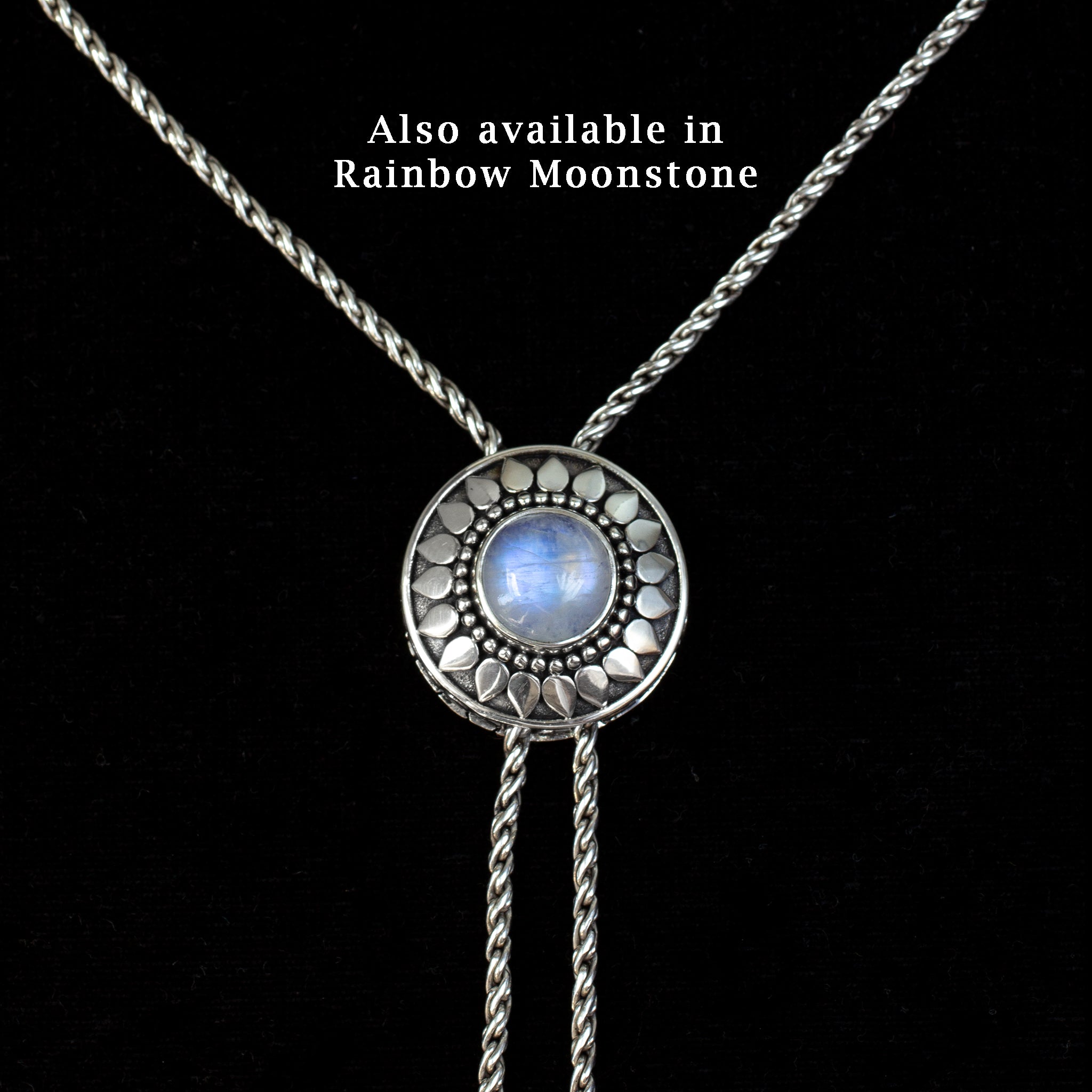 Sterling Silver Rainbow Moonstone Bolo Necklace