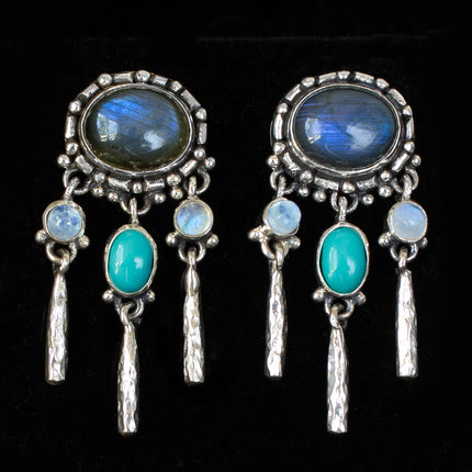 Sterling Silver Labradorite, Turquoise ,& Moonstone Dangle Post Earrings