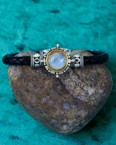 Sterling Silver & Gold Rainbow Moonstone Leather Bracelet