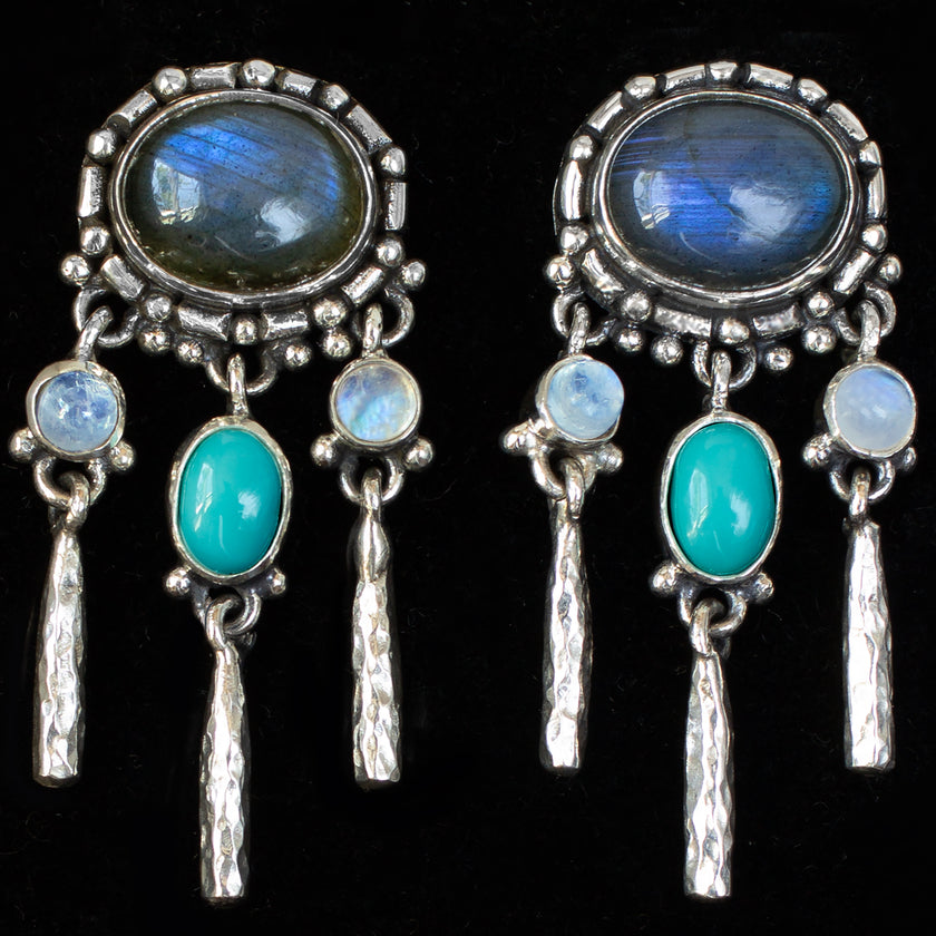 Sterling Silver Labradorite, Turquoise ,& Moonstone Dangle Post Earrings