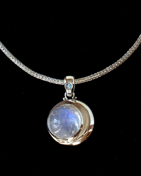 Sterling Silver Rainbow Moonstone Crescent Moon Necklace