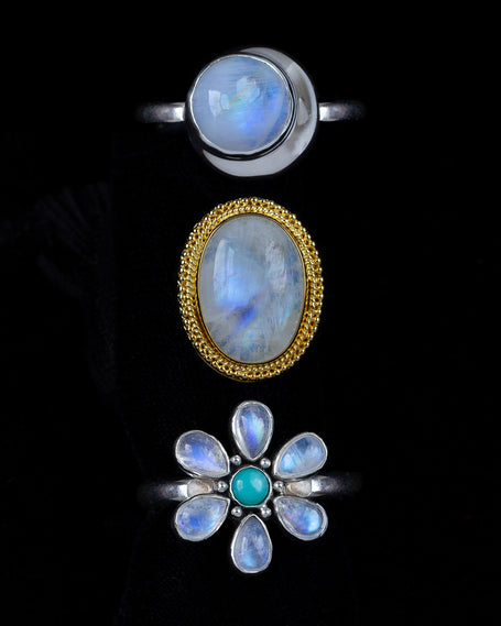 Sterling Silver & Gold Rainbow Moonstone & Turquoise Rings