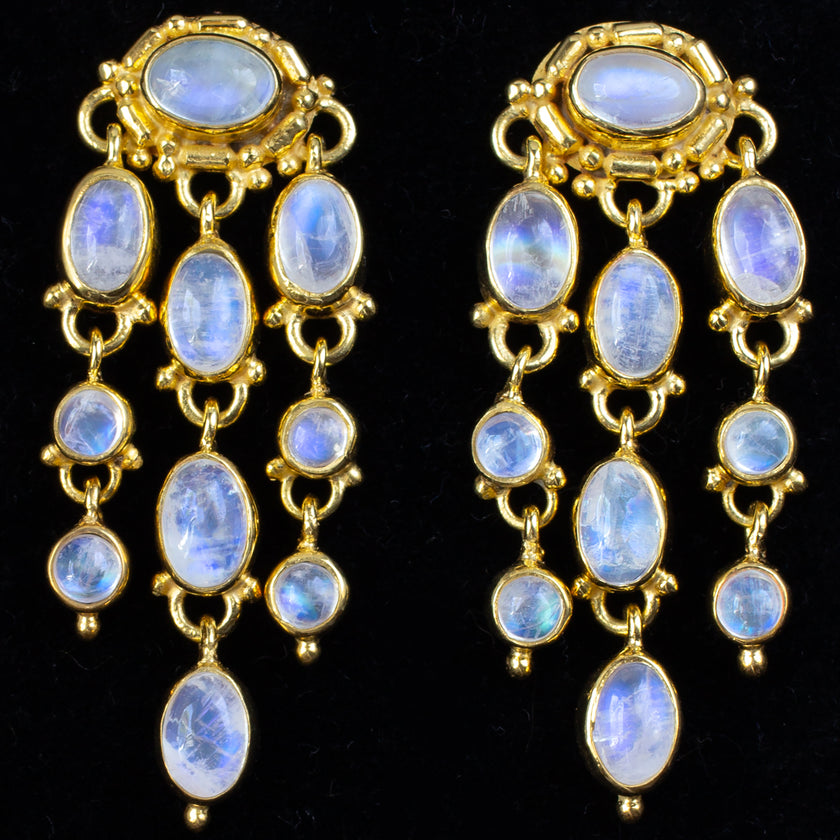 Gold Rainbow Moonstone Dangle Earrings
