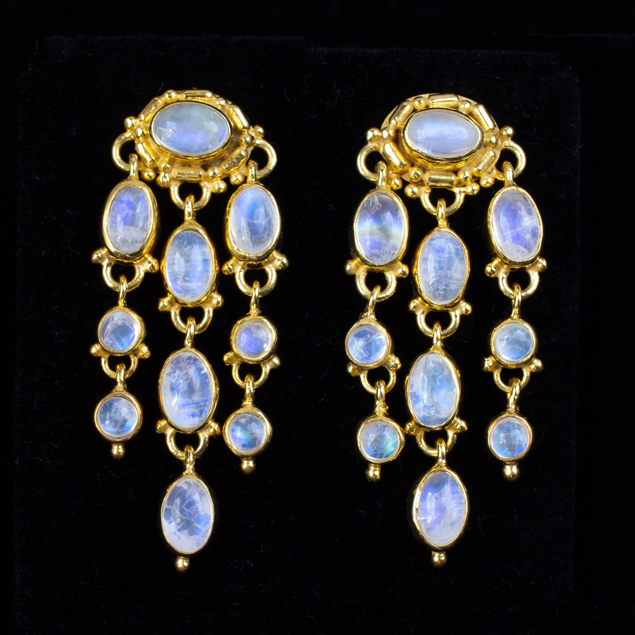 Gold Rainbow Moonstone Dangle Earrings
