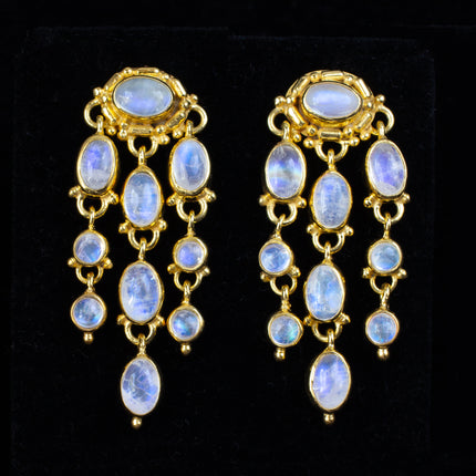 Gold Rainbow Moonstone Dangle Earrings