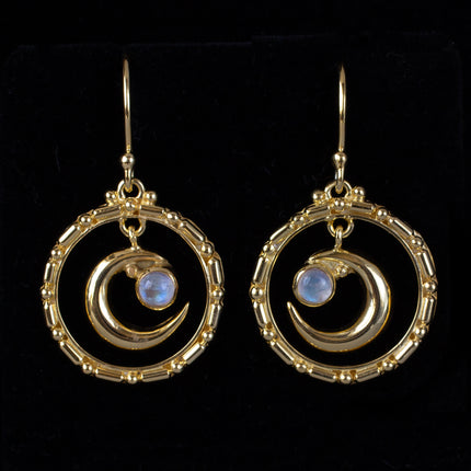 Gold Rainbow Moonstone Moon Earrings