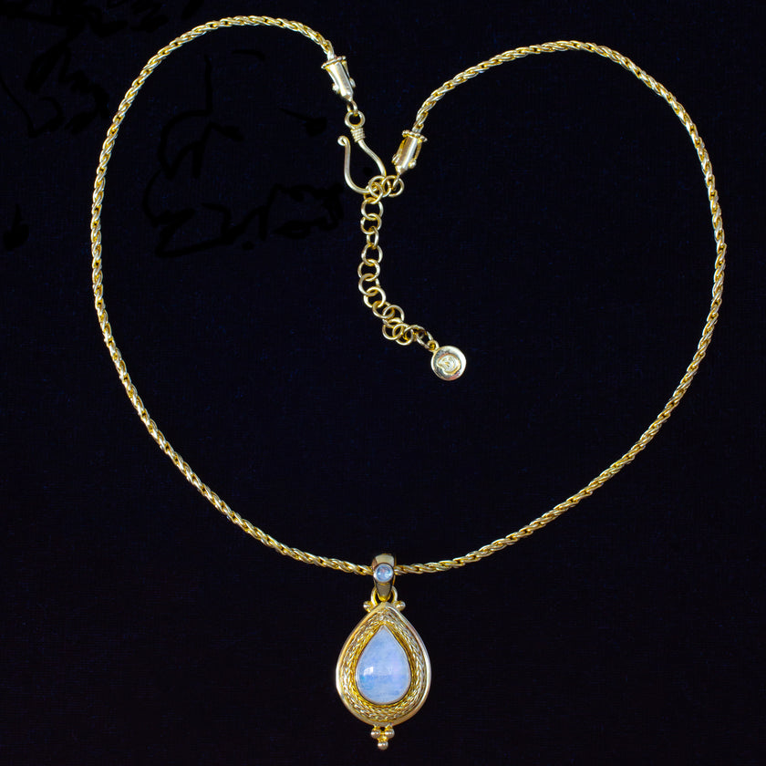 Gold Rainbow Moonstone Teardrop Necklace