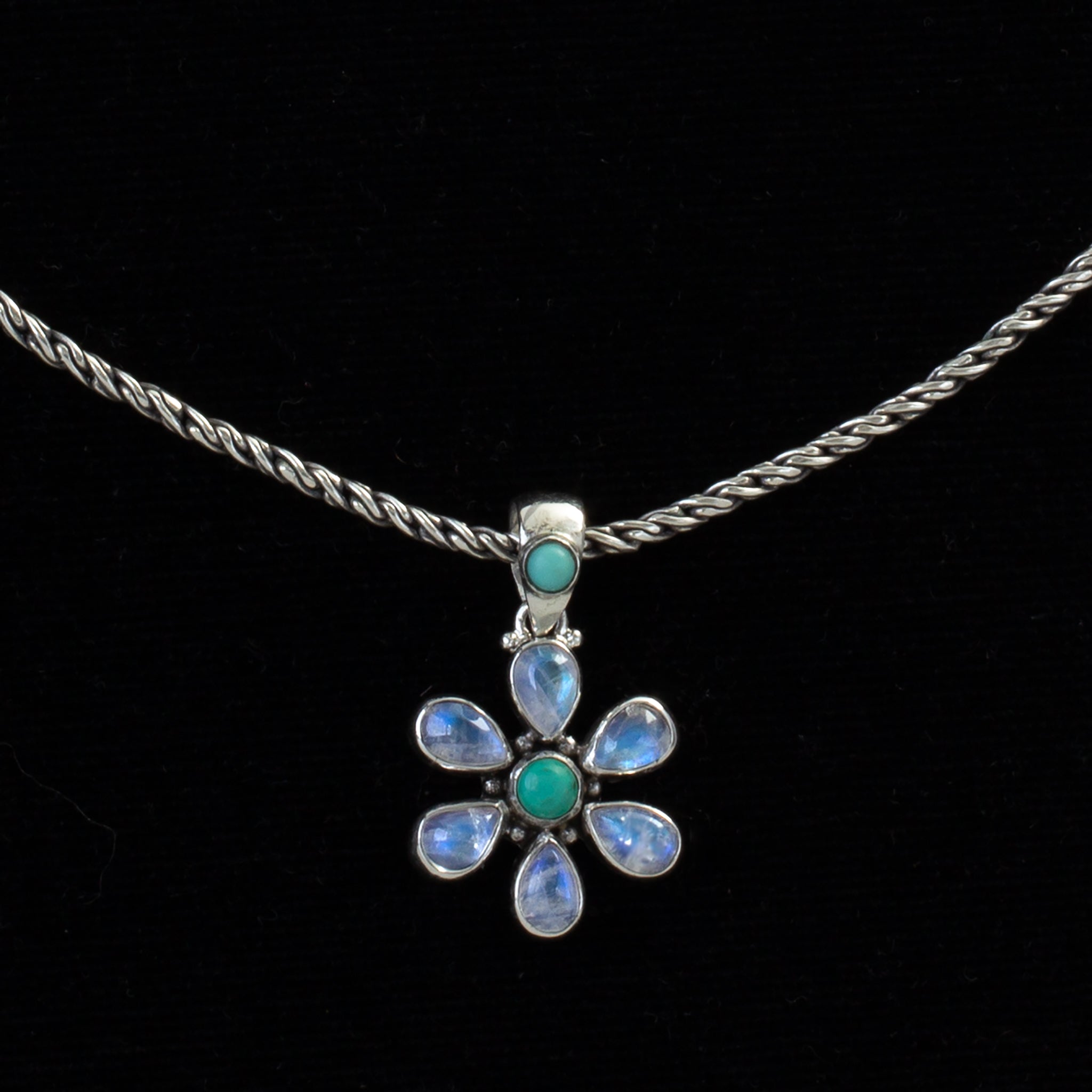 Sterling Silver Rainbow Moonstone & Turquoise Flower Necklace