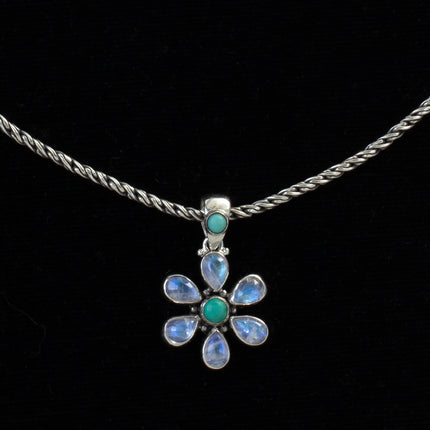 Sterling Silver Rainbow Moonstone & Turquoise Flower Necklace