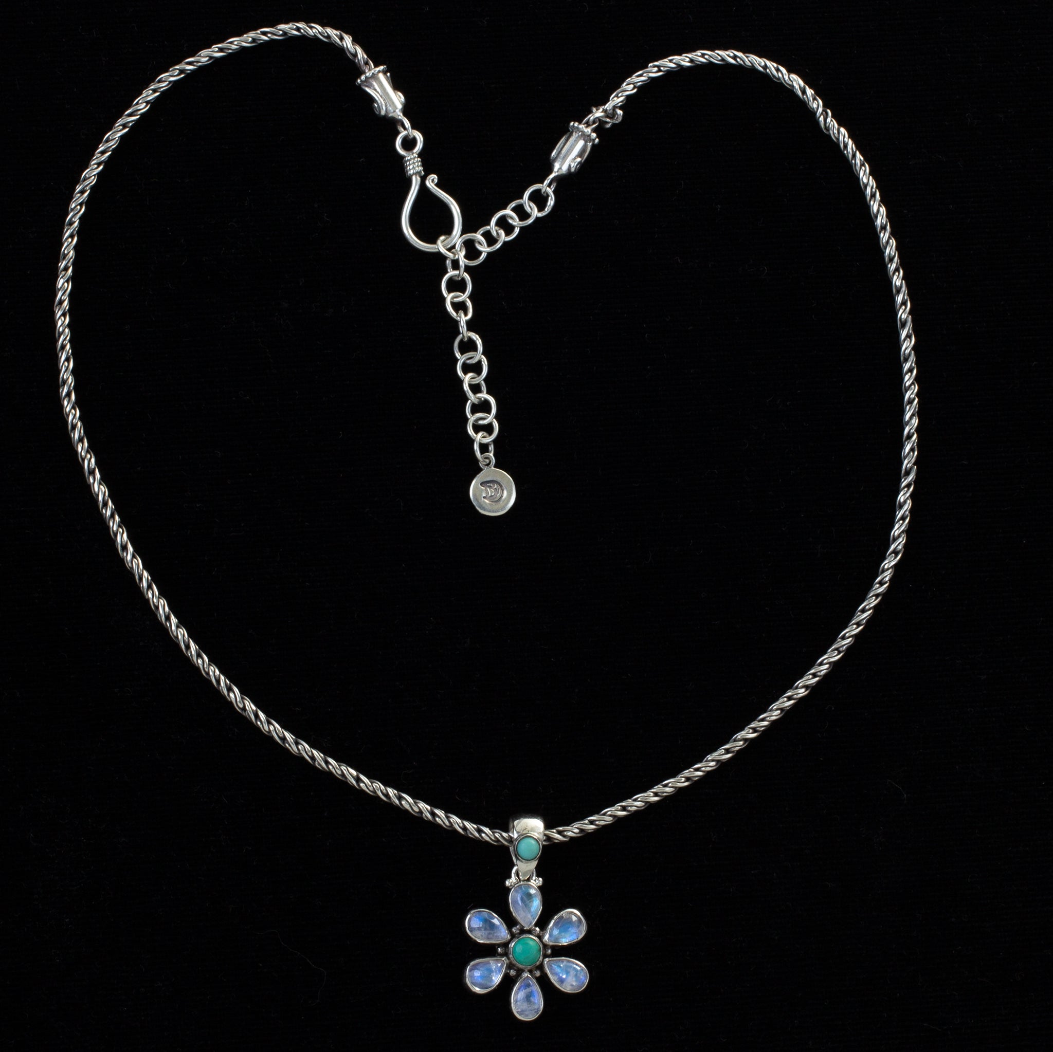 Sterling Silver Rainbow Moonstone & Turquoise Flower Necklace