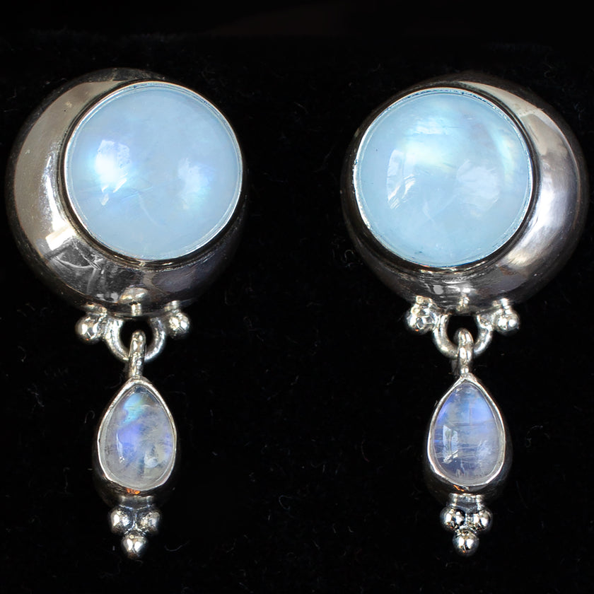 Sterling Silver Rainbow Moonstone Crescent Moon Dangle Post Earrings