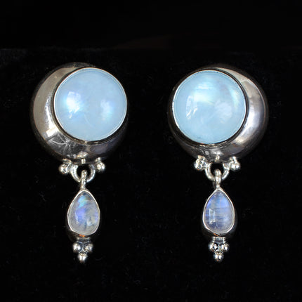 Sterling Silver Rainbow Moonstone Crescent Moon Dangle Post Earrings