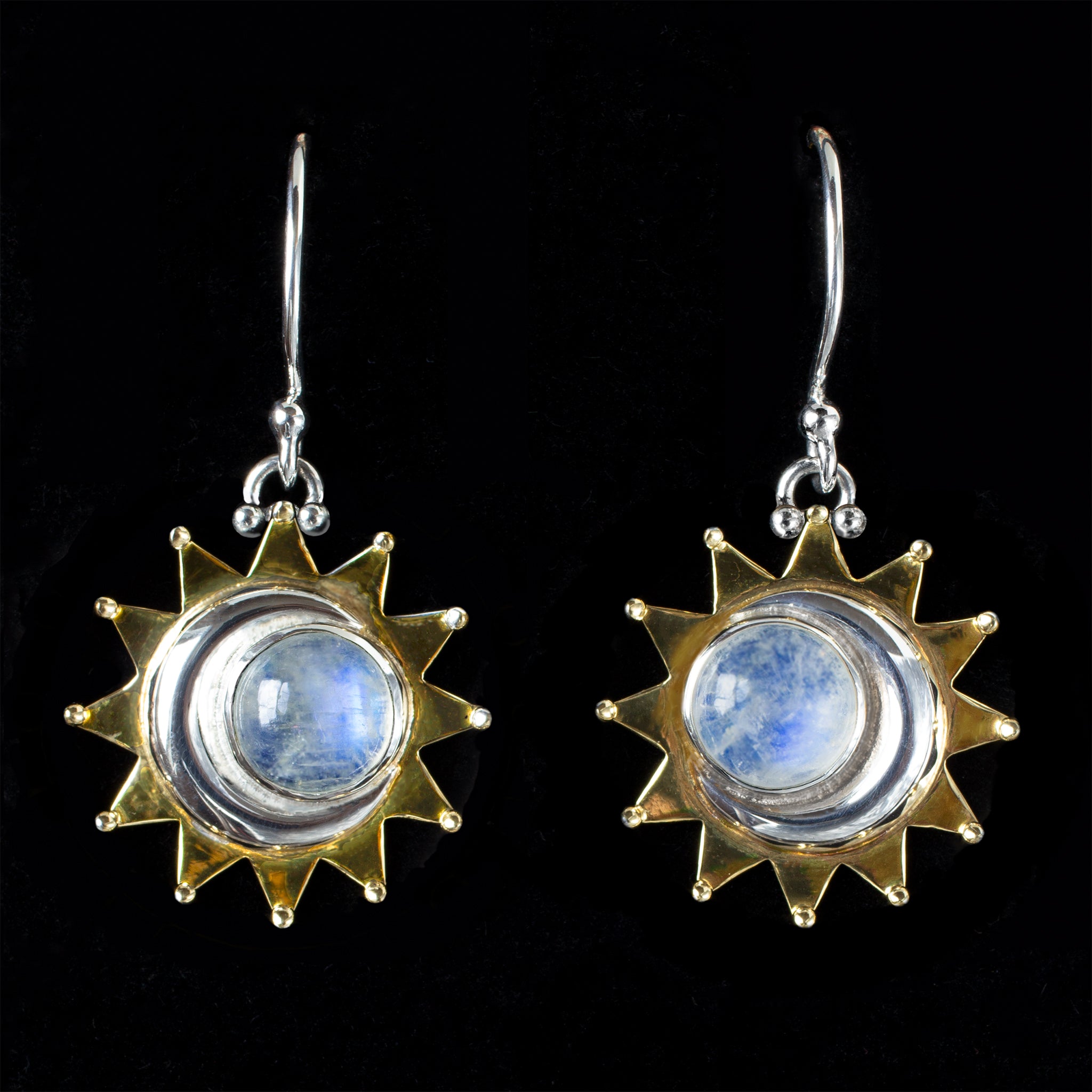 Sterling Silver & Gold Rainbow Moonstone Moon Earrings