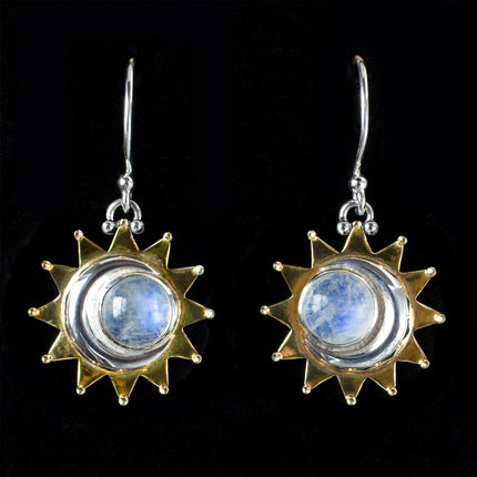 Sterling Silver & Gold Rainbow Moonstone Moon Earrings