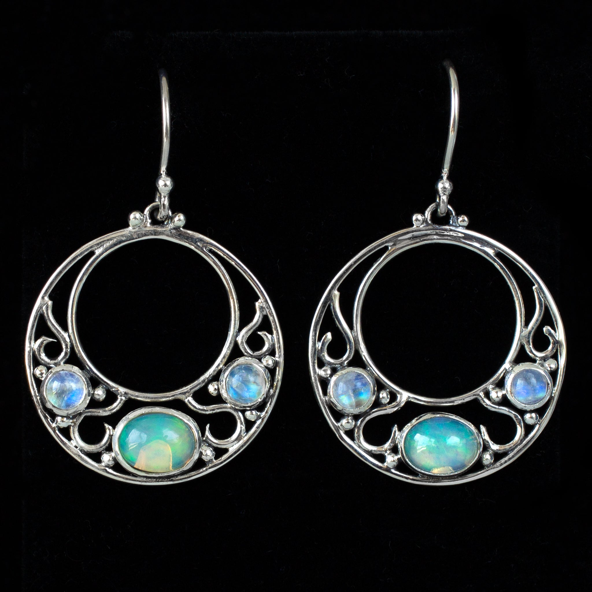 Sterling Silver Opal & Rainbow Moonstone Filigree Hoop Earrings