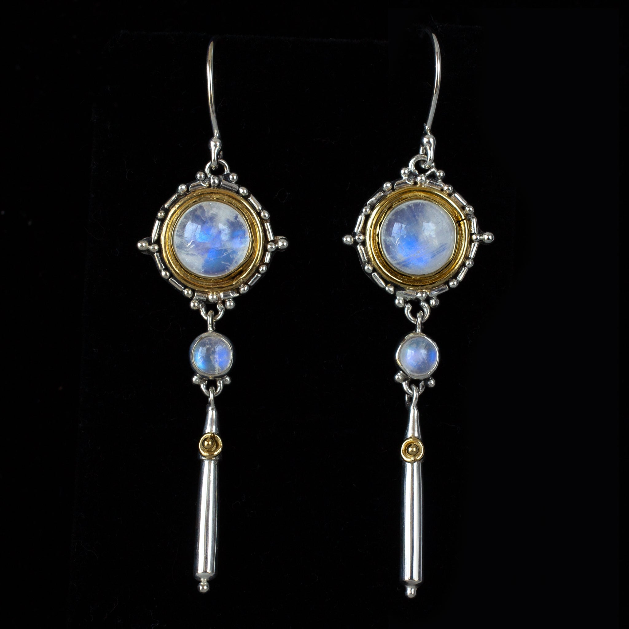 Sterling Silver & Gold Rainbow Moonstone Dangle Earrings