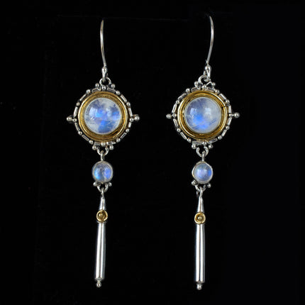 Sterling Silver & Gold Rainbow Moonstone Dangle Earrings