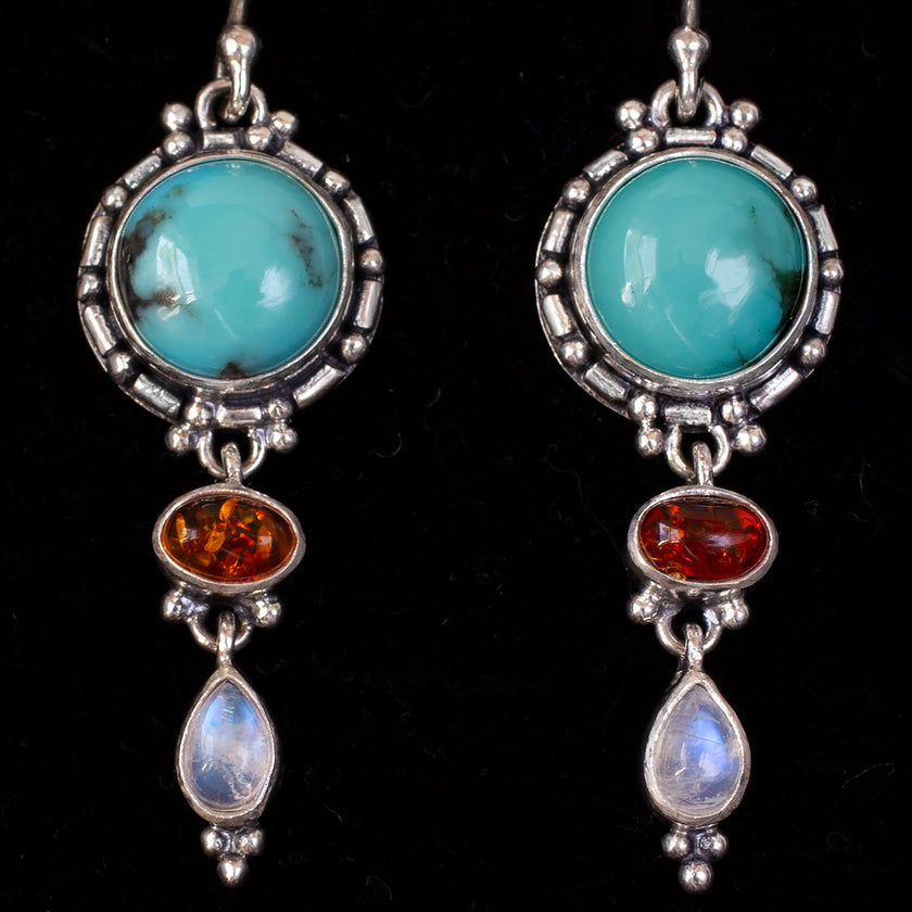 Sterling Silver Turquoise Amber & Moonstone Dangle Earrings