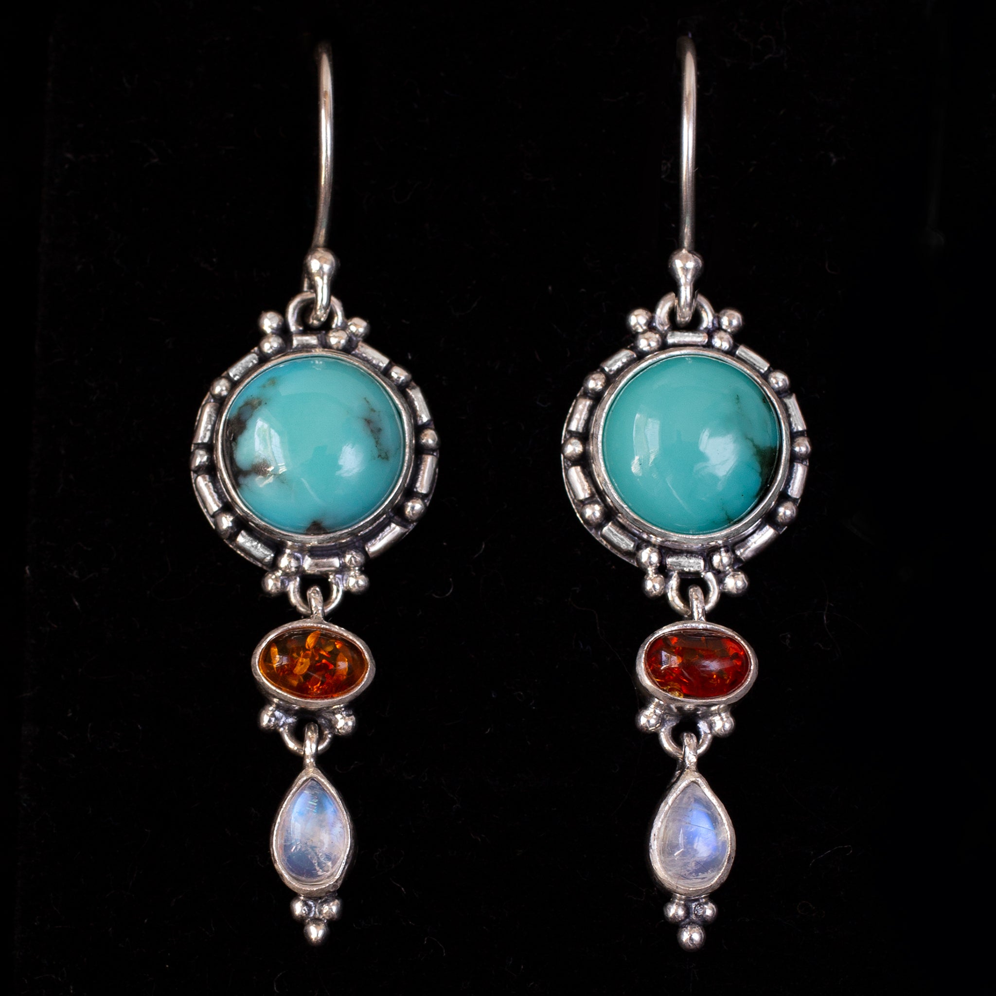 Sterling Silver Turquoise Amber & Moonstone Dangle Earrings