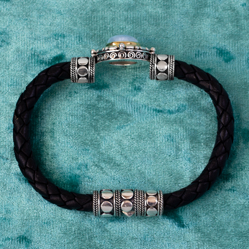 Sterling Silver & Gold Rainbow Moonstone Leather Bracelet