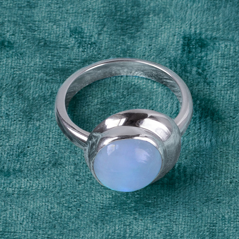Sterling Silver Rainbow Moonstone Crescent Moon Ring