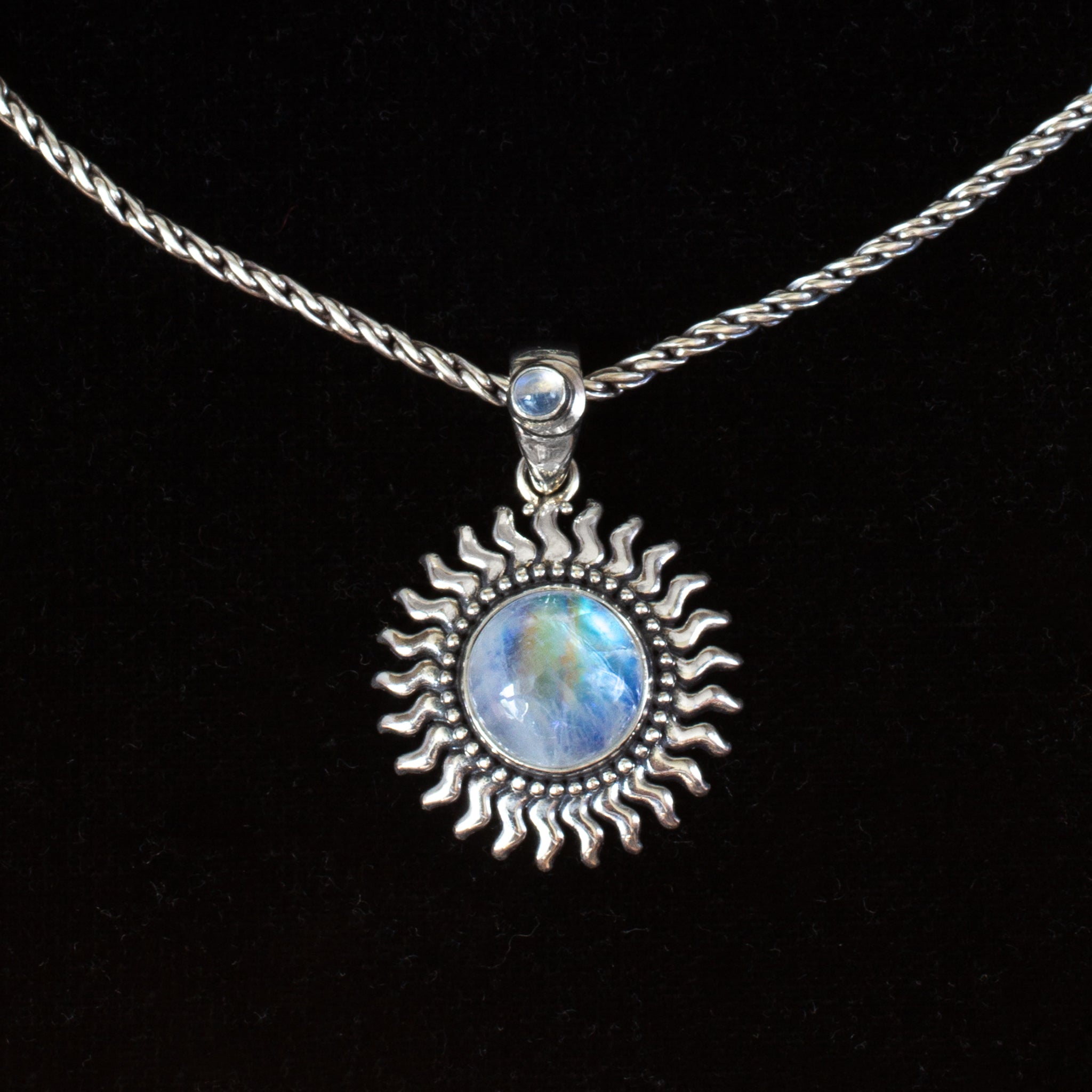 Sterling Silver Rainbow Moonstone Sun Necklace