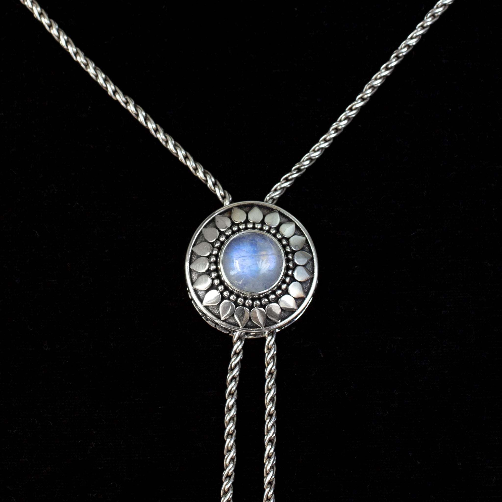 Sterling Silver Rainbow Moonstone Sun Bolo Necklace