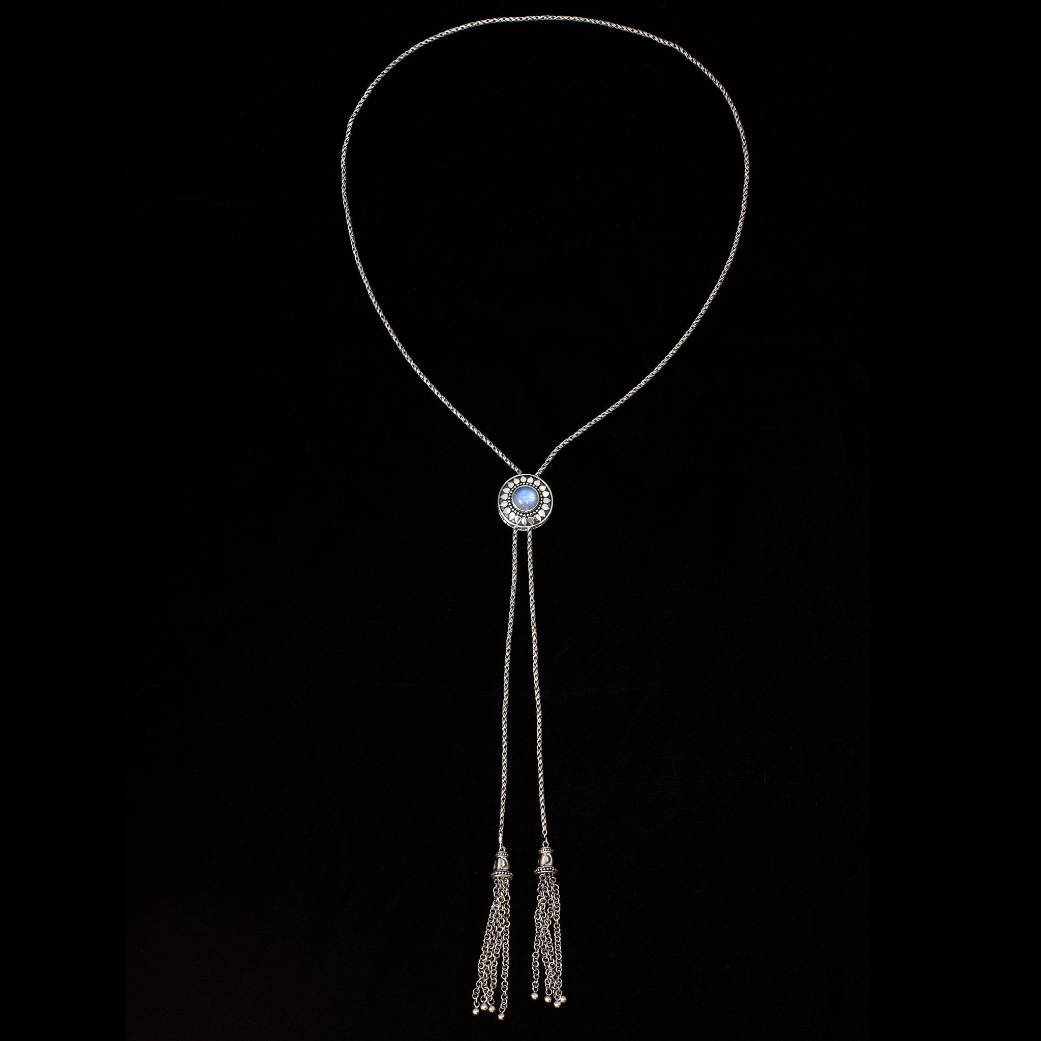 Sterling Silver Rainbow Moonstone Sun Bolo Necklace