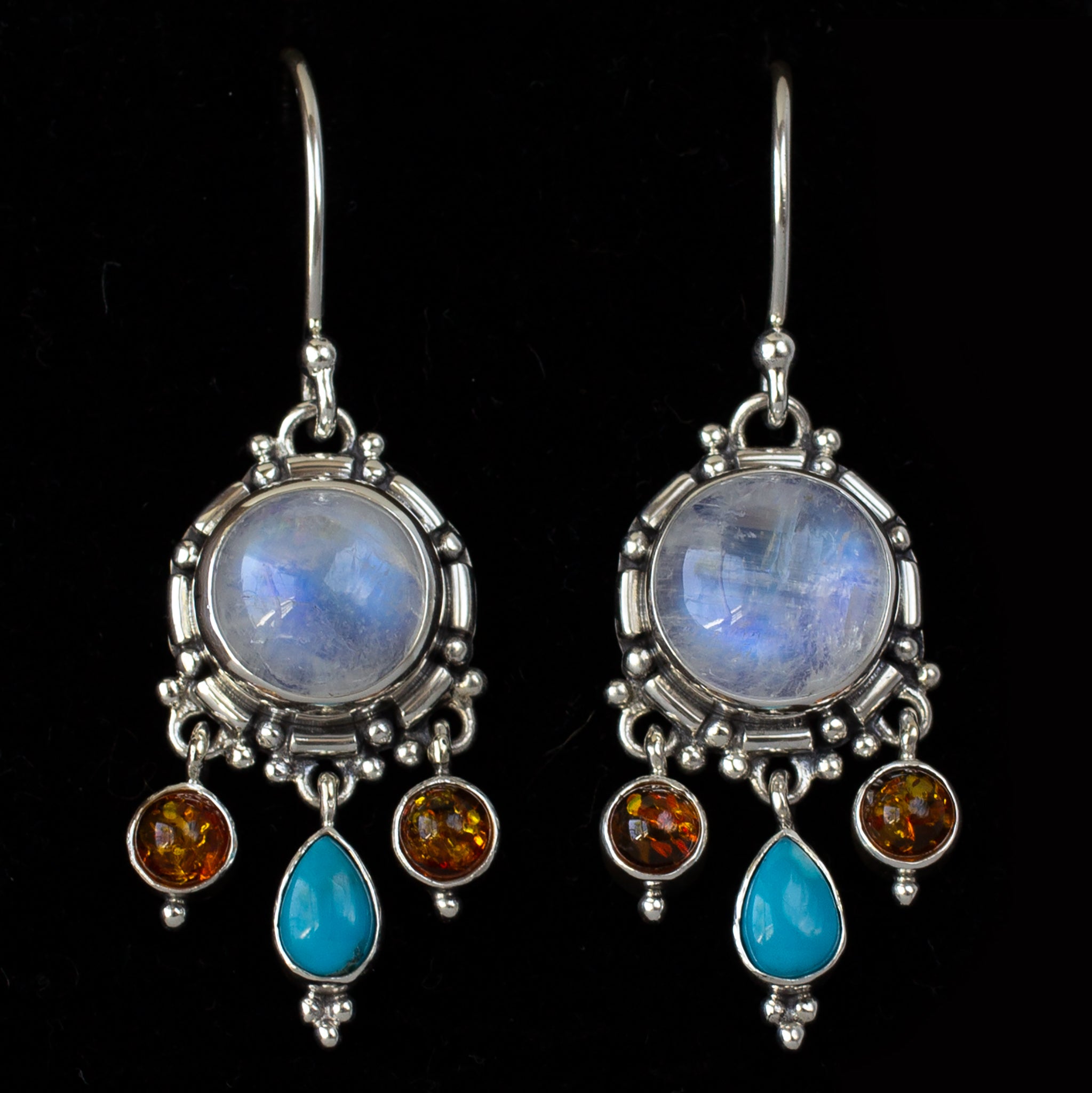 Sterling Silver Rainbow Moonstone, Turquoise, & Amber Dangle Earrings