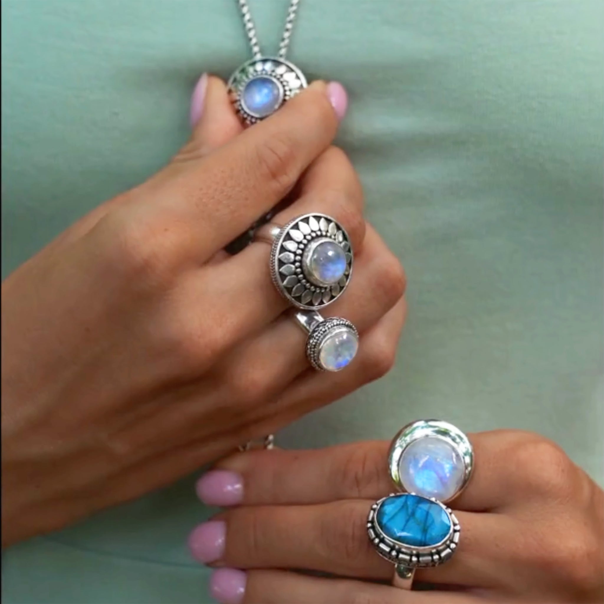 Sterling Silver Rainbow Moonstone & Labradorite Rings