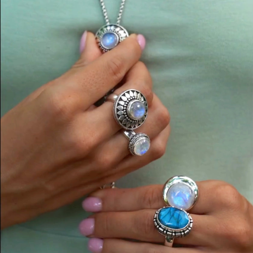 Sterling Silver Rainbow Moonstone & Labradorite Rings