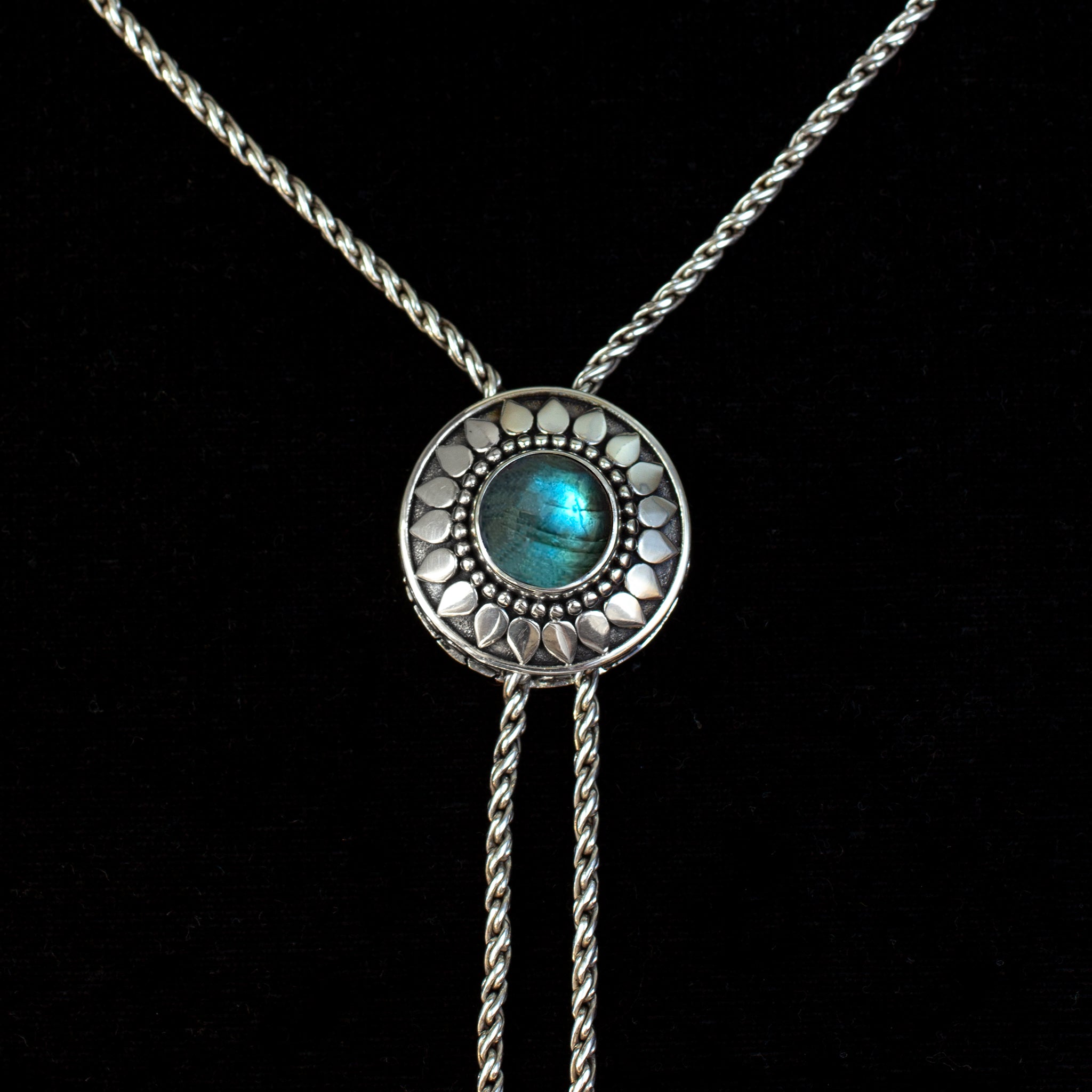 Sterling Silver Labradorite Sun Bolo Necklace