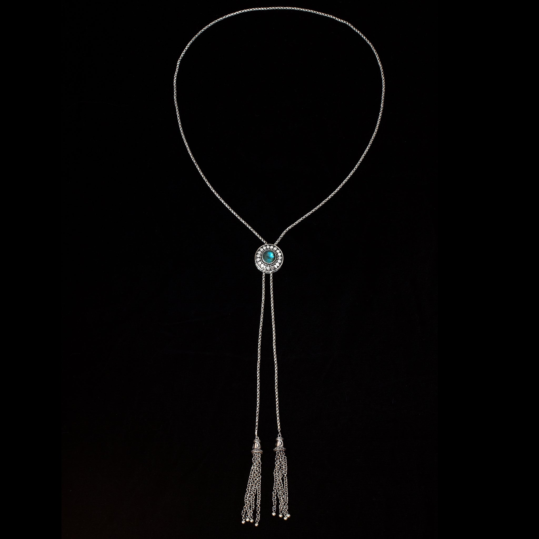 Sterling Silver Labradorite Sun Bolo Necklace with Tassels