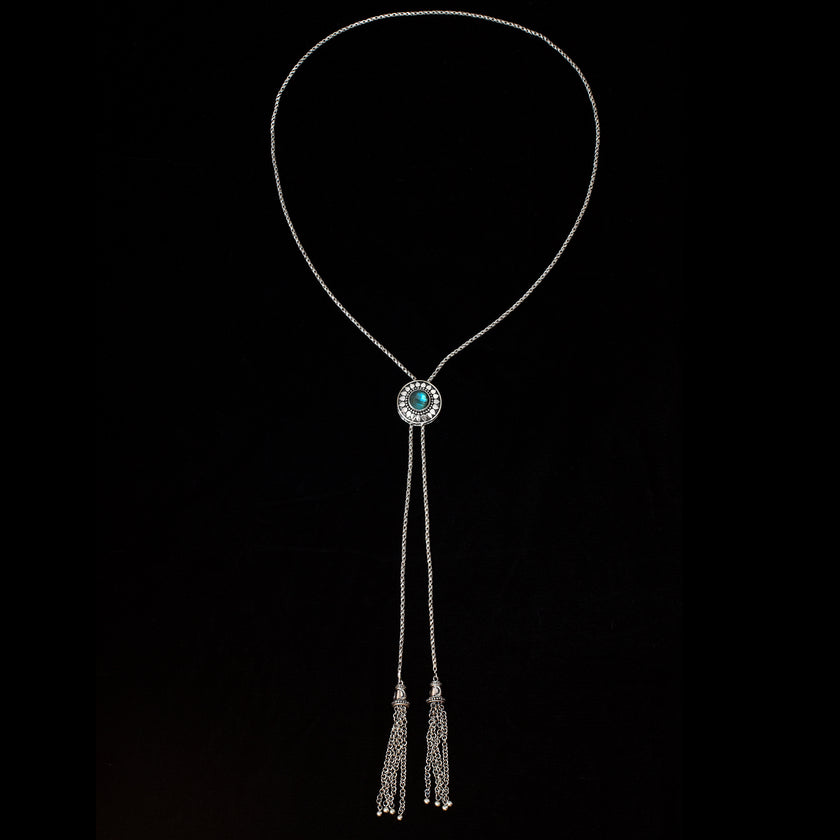 Sterling Silver Labradorite Sun Bolo Necklace with Tassels