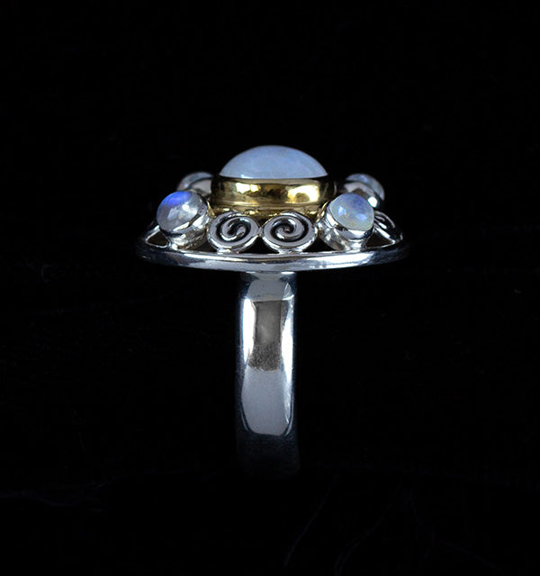 Sterling Silver & Gold Rainbow Moonstone Art Nouveau Ring