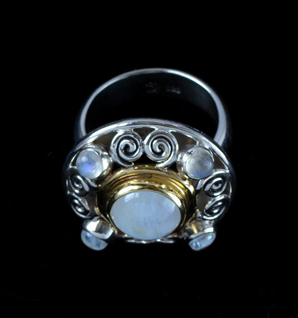 Sterling Silver & Gold Rainbow Moonstone Art Nouveau Ring