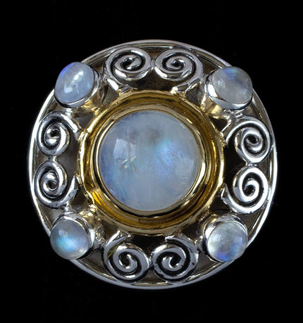 Sterling Silver & Gold Rainbow Moonstone Art Nouveau Ring