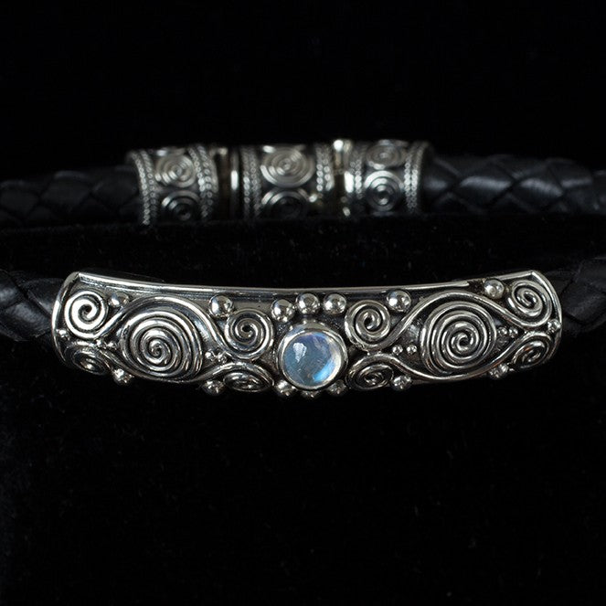 Sterling Silver Rainbow Moonstone Leather Bracelet