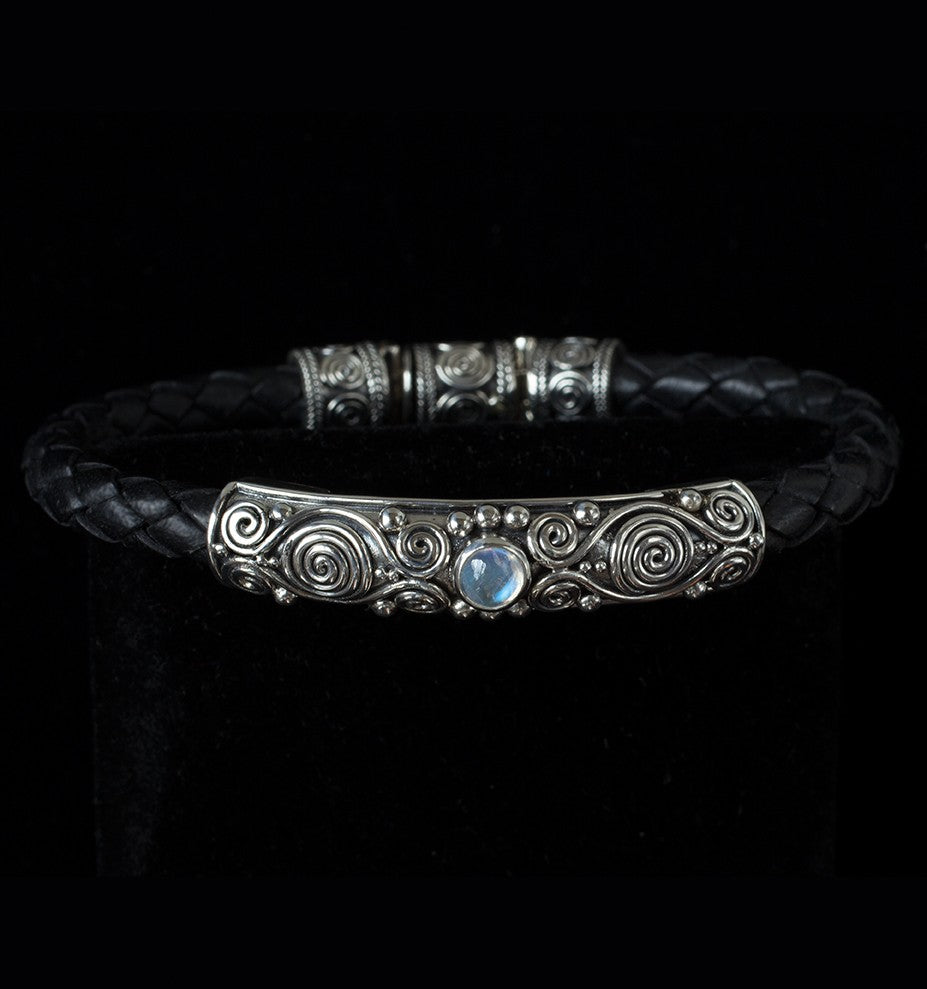 Sterling Silver Rainbow Moonstone Leather Bracelet