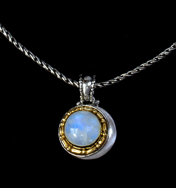 Sterling Silver & Gold Rainbow Moonstone Crescent Moon Necklace