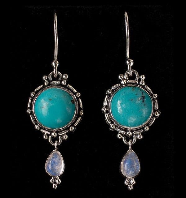 Sterling Silver Turquoise & Rainbow Moonstone Dangle Earrings