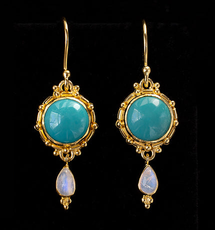 Gold Turquoise & Rainbow Moonstone Drop Earrings