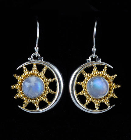 Sterling Silver & Gold Rainbow Moonstone Sun Moon Earrings