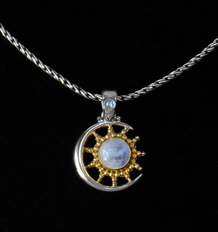 Sterling Silver & Gold Rainbow Moonstone Celestial Necklace