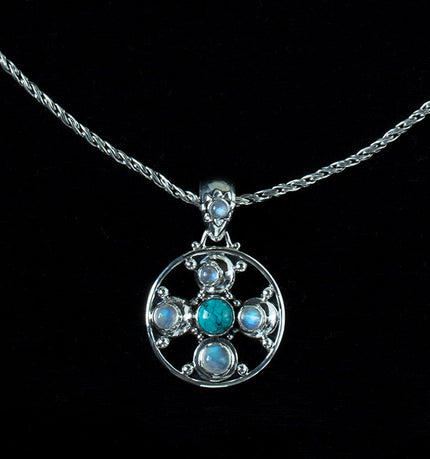 Sterling Silver Rainbow Moonstone & Turquoise Moon Phase Necklace